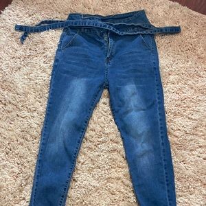high waisted blue jeans